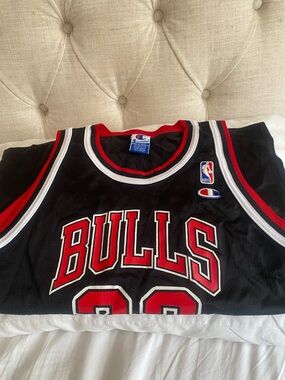 Champion Michael Jordan Black Chicago Bulls Jersey with Red and White Trim